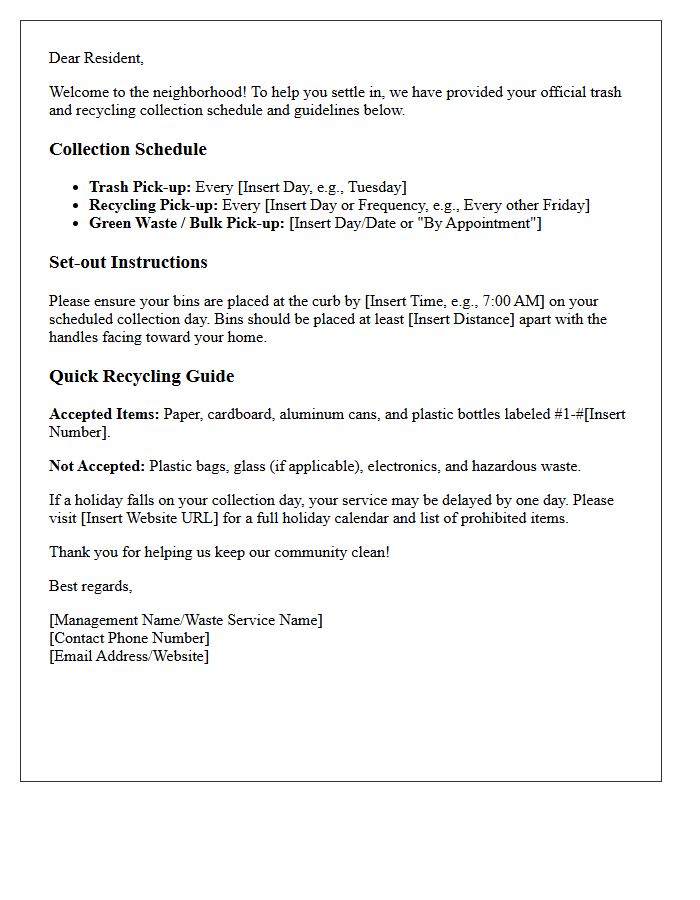 Trash and Recycling Schedule Welcome Letter