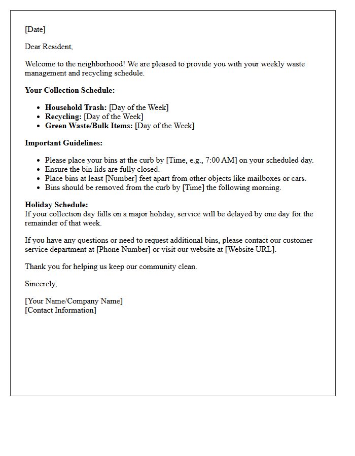 Weekly Trash Collection Schedule Welcome Letter