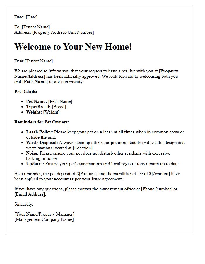 Approved Pet Move-In Welcome Letter