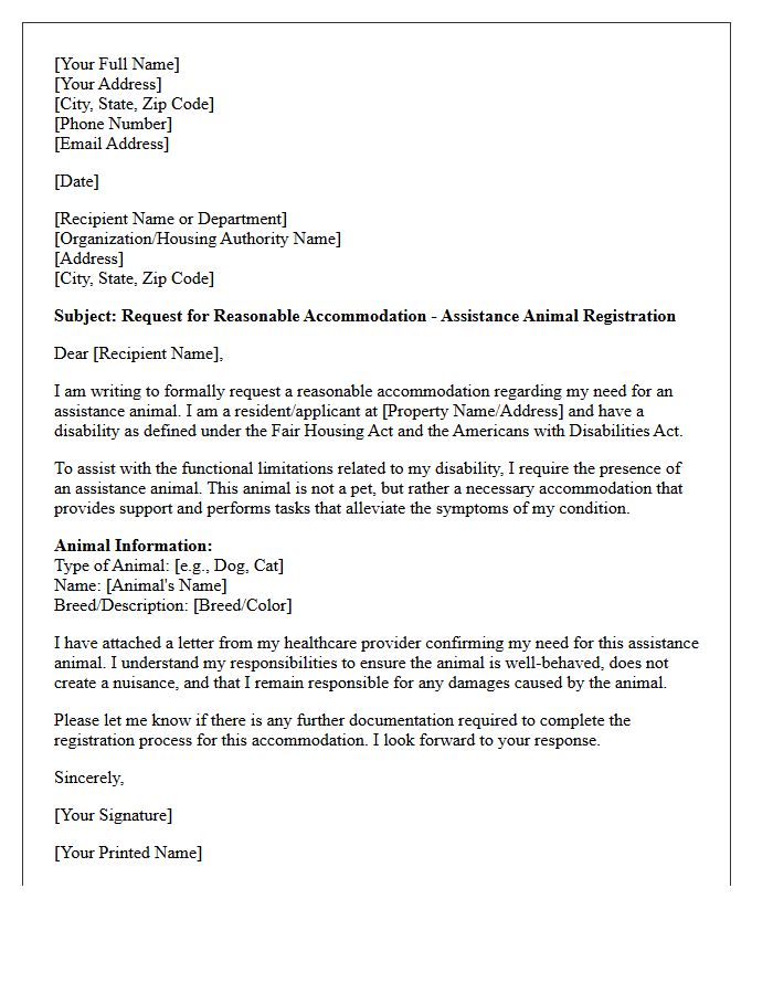 Assistance Animal Registration Letter