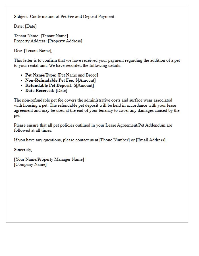 Pet Fee And Deposit Confirmation Letter