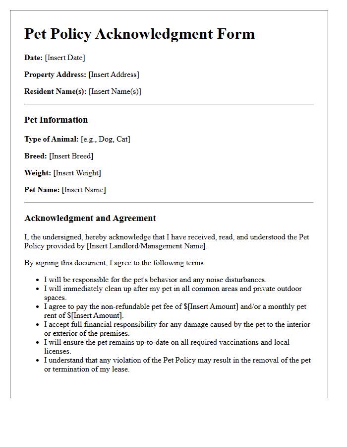 Pet Policy Acknowledgment Letter