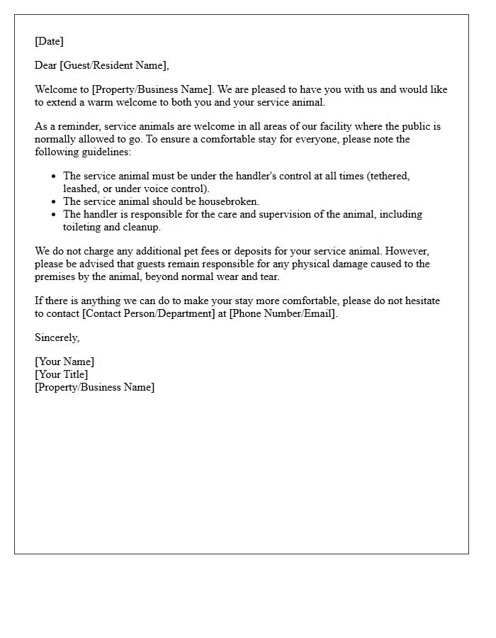 Service Animal Welcome Letter