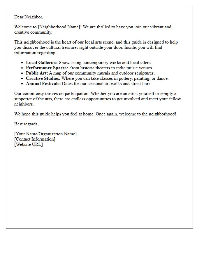 Arts and Culture Neighborhood Guide Welcome Letter