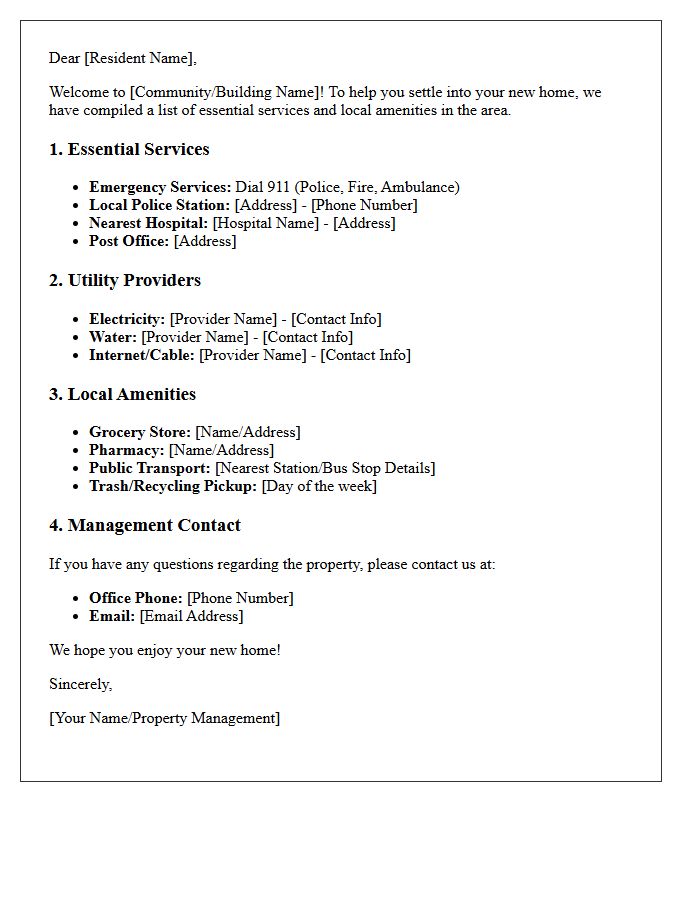 Essential Services and Local Amenities Welcome Letter