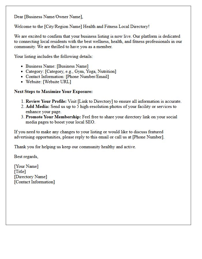 Health and Fitness Local Directory Welcome Letter