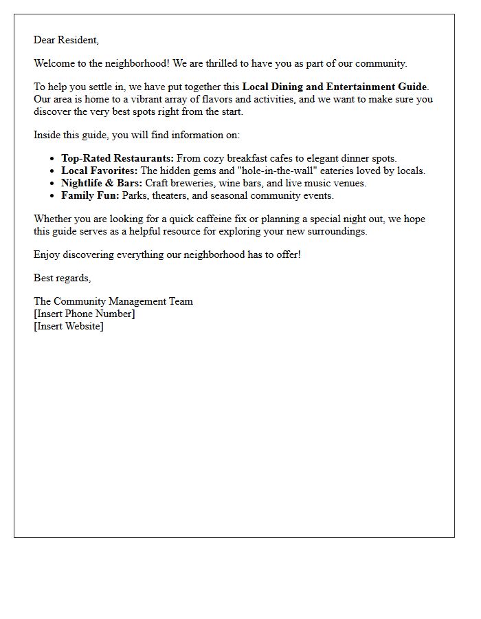 Local Dining and Entertainment Guide Welcome Letter