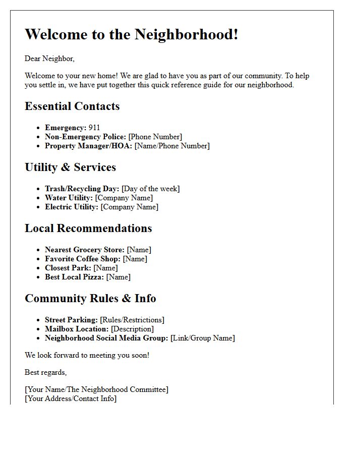 Quick Reference Neighborhood Guide Welcome Letter