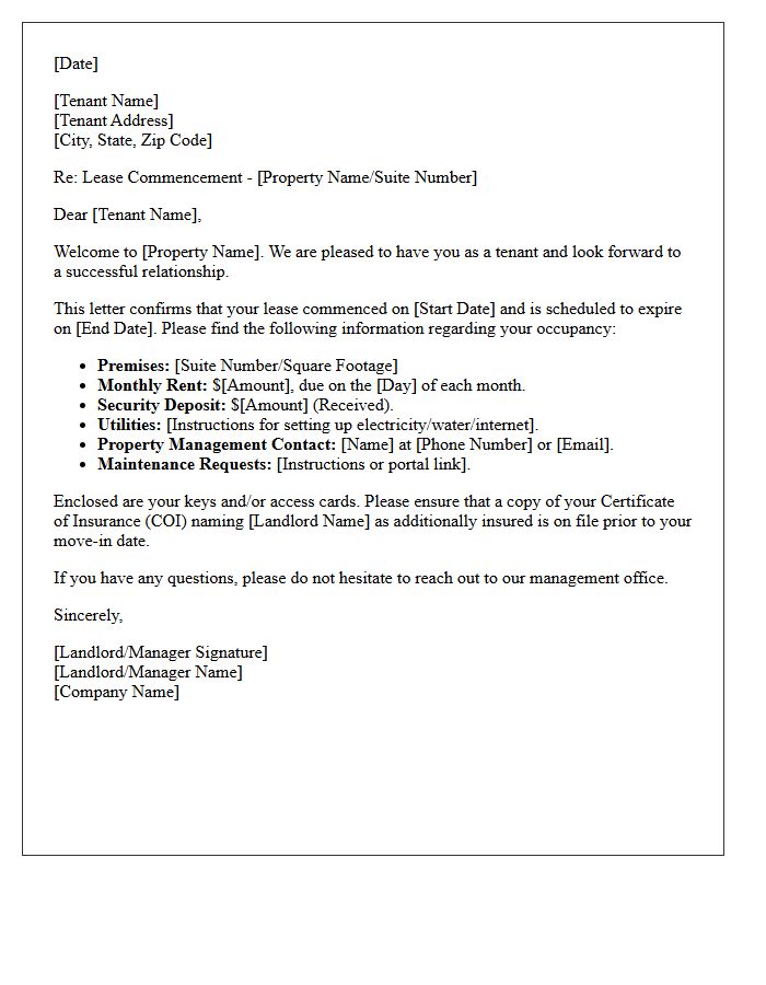 Commercial Lease Commencement Welcome Letter