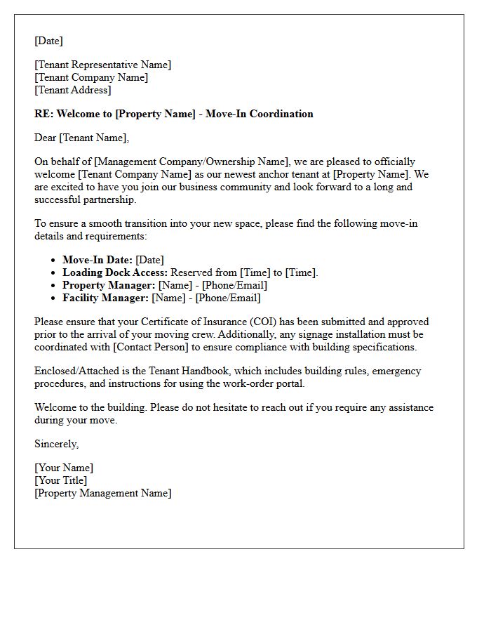 Anchor Tenant Space Move-In Welcome Letter