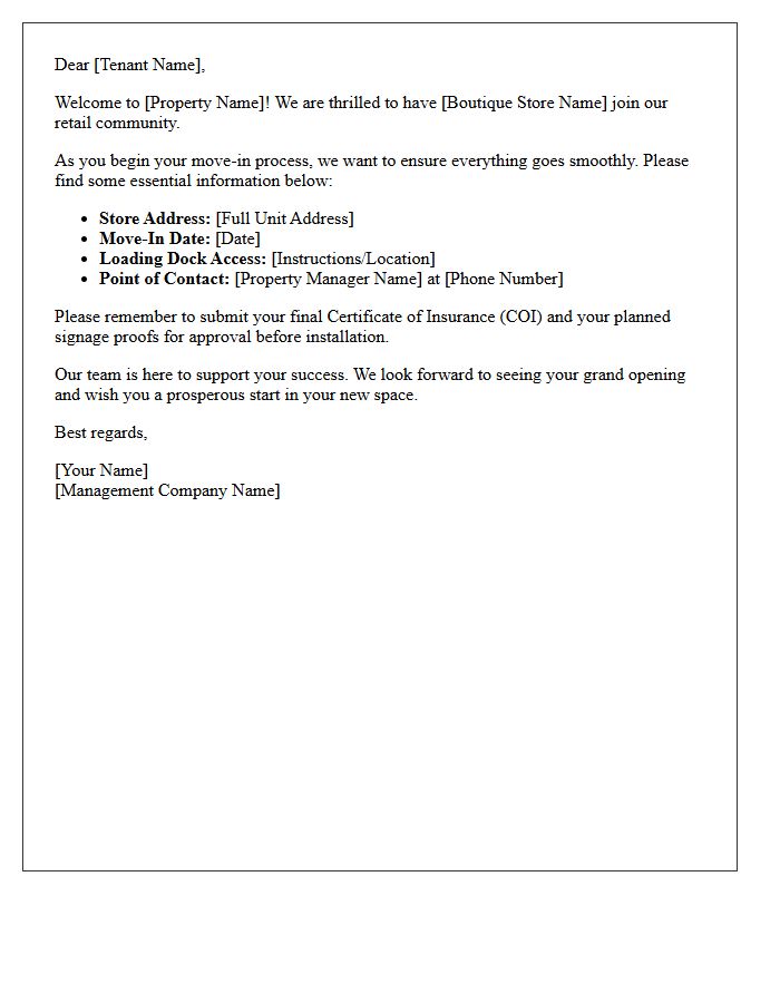 Boutique Store Move-In Welcome Letter