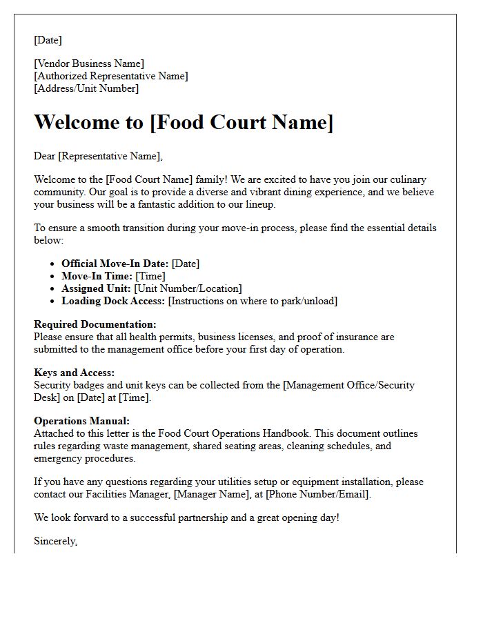 Food Court Vendor Move-In Welcome Letter
