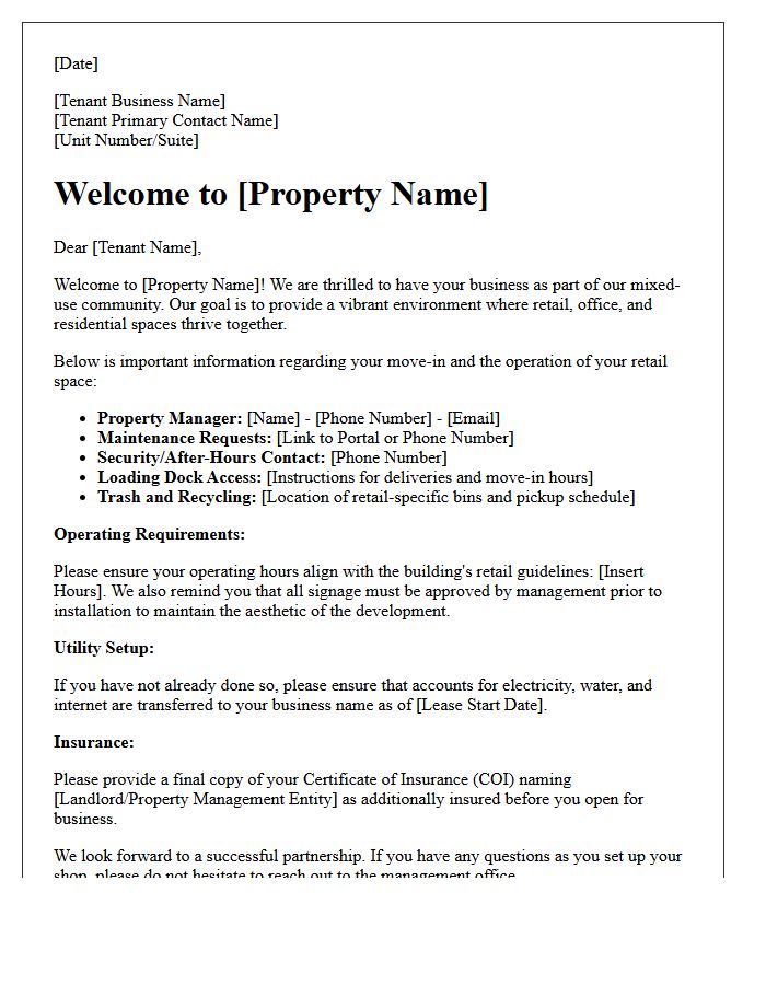 Mixed-Use Retail Space Move-In Welcome Letter