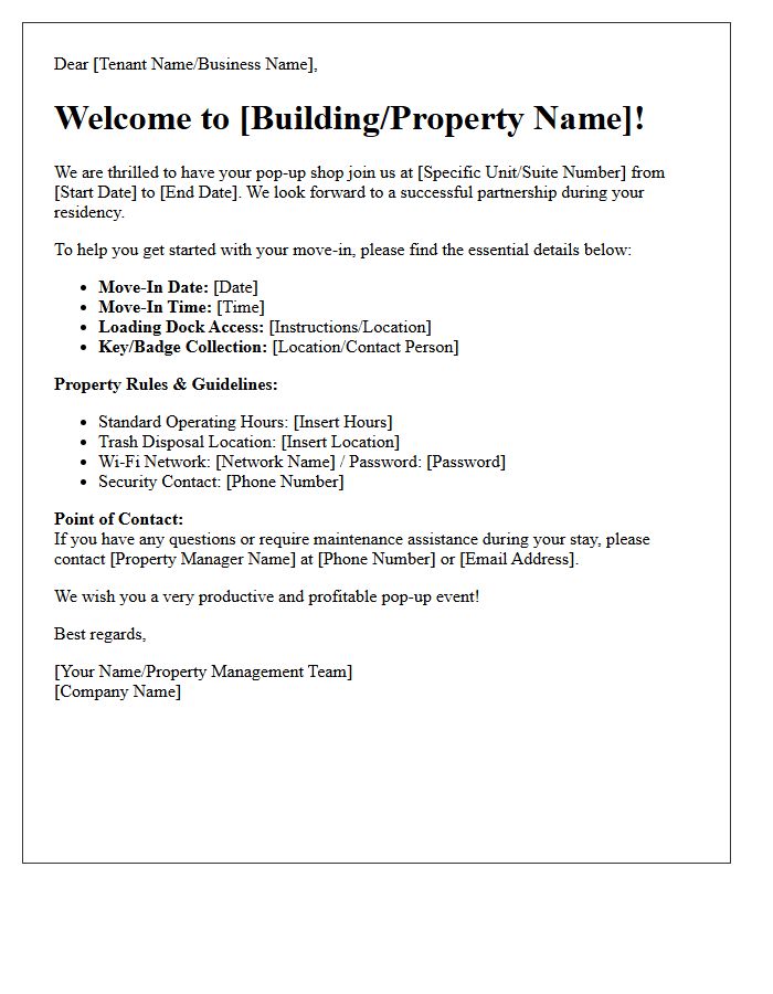Pop-Up Shop Temporary Move-In Welcome Letter