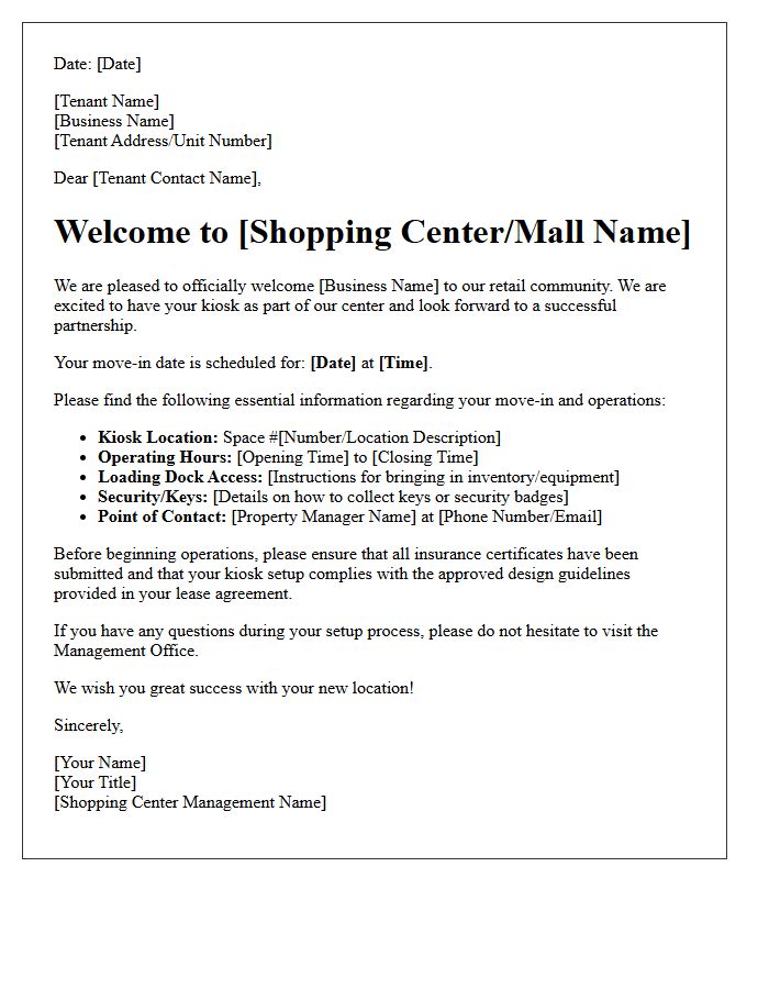 Retail Kiosk Space Move-In Welcome Letter
