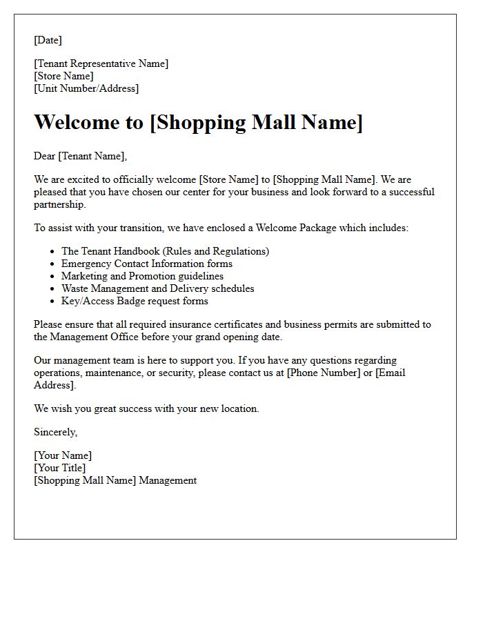 Shopping Mall Tenant Move-In Welcome Letter