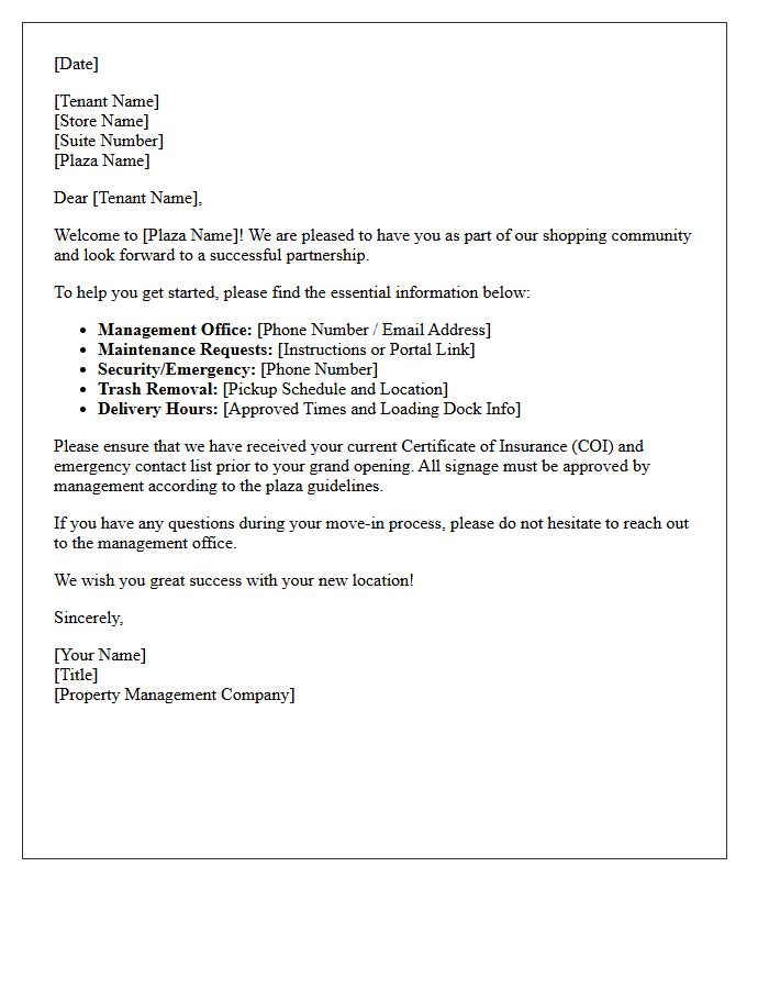 Shopping Plaza Tenant Move-In Welcome Letter