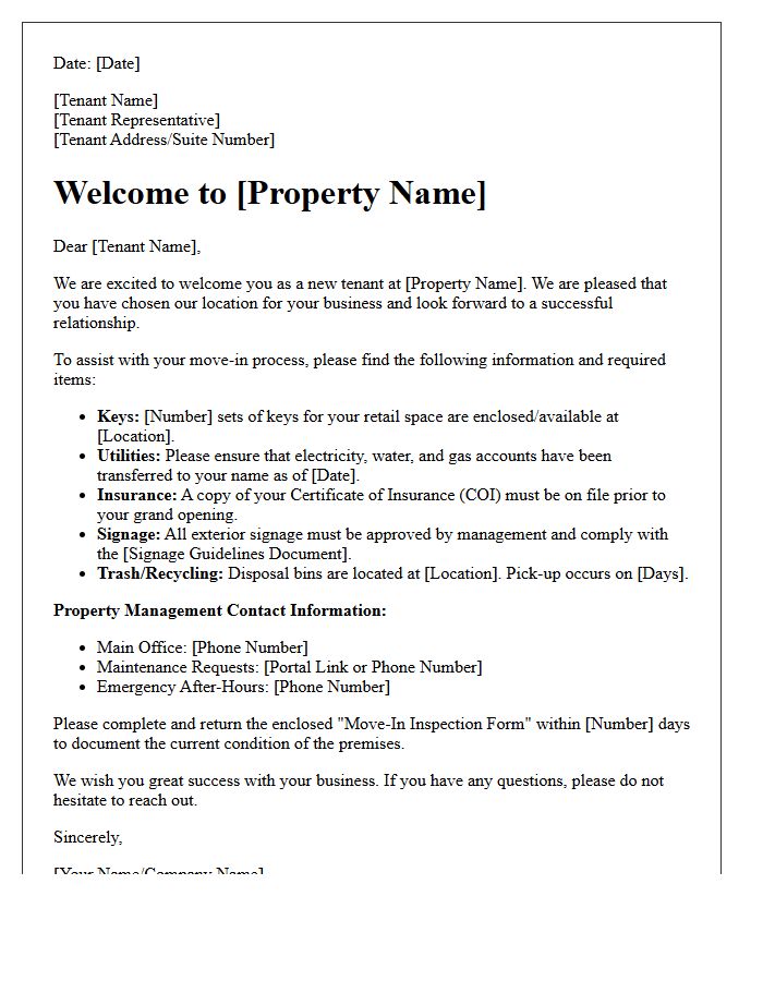 Standard Retail Space Move-In Welcome Letter