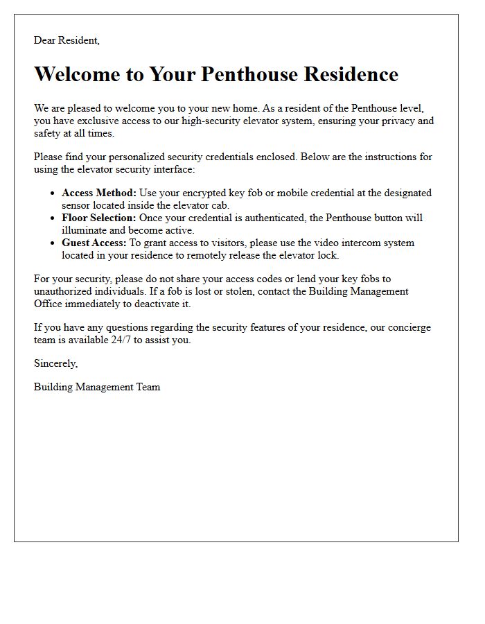 Exclusive Penthouse Elevator Security Access Welcome Letter