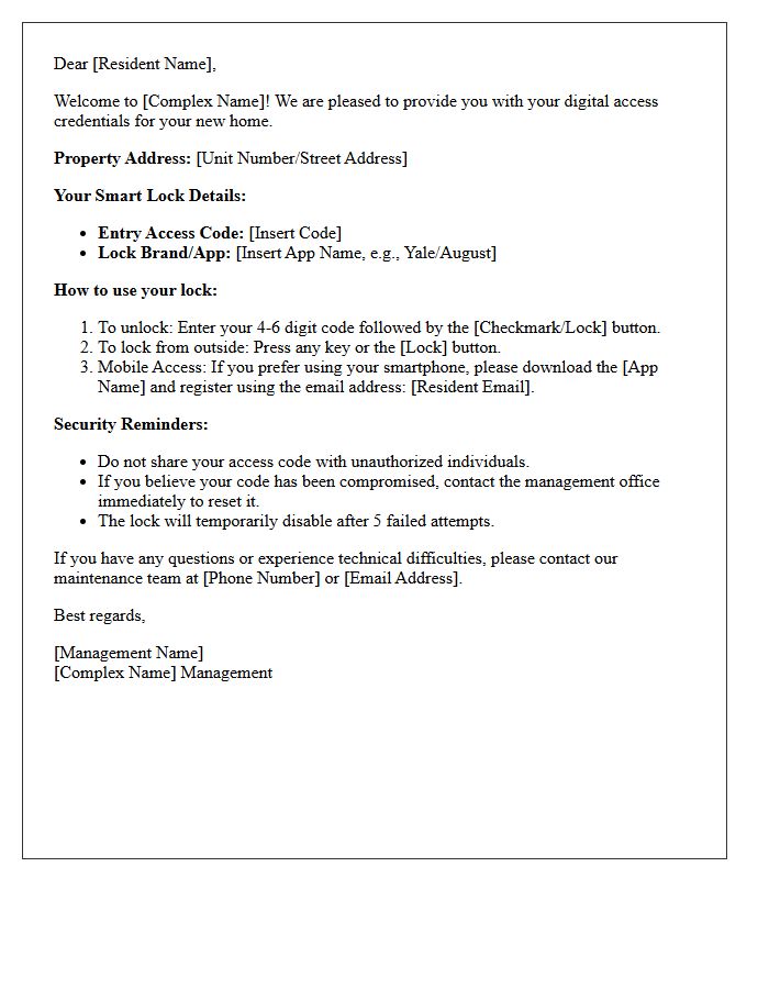 Residential Complex Smart Lock Access Code Welcome Letter