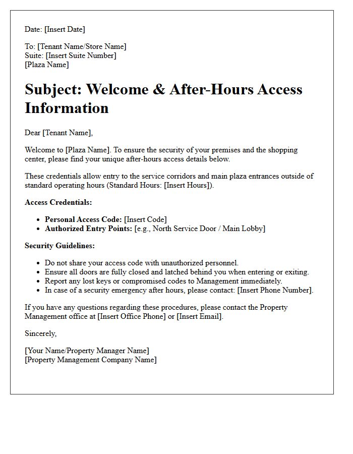 Retail Plaza After-Hours Access Code Welcome Letter