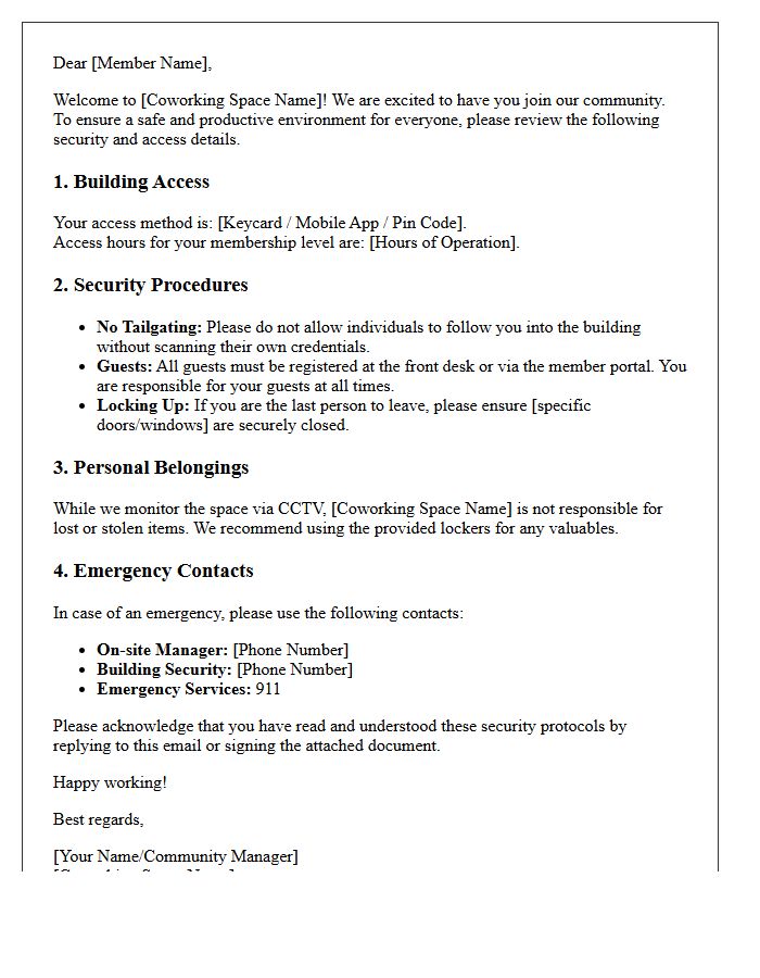 Shared Coworking Space Security and Access Welcome Letter