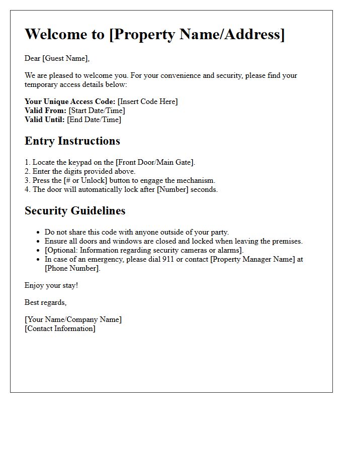 Temporary Guest Access Code and Security Welcome Letter