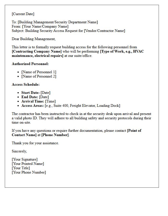 Vendor and Contractor Building Security Access Letter