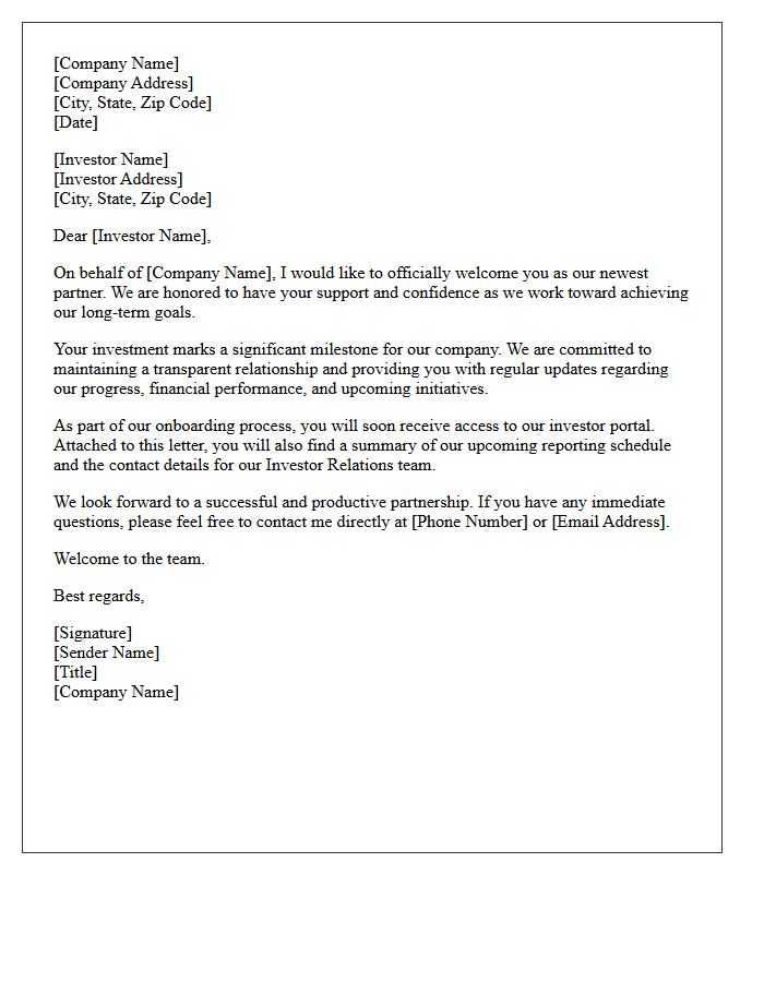 New Investor Partnership Welcome Letter