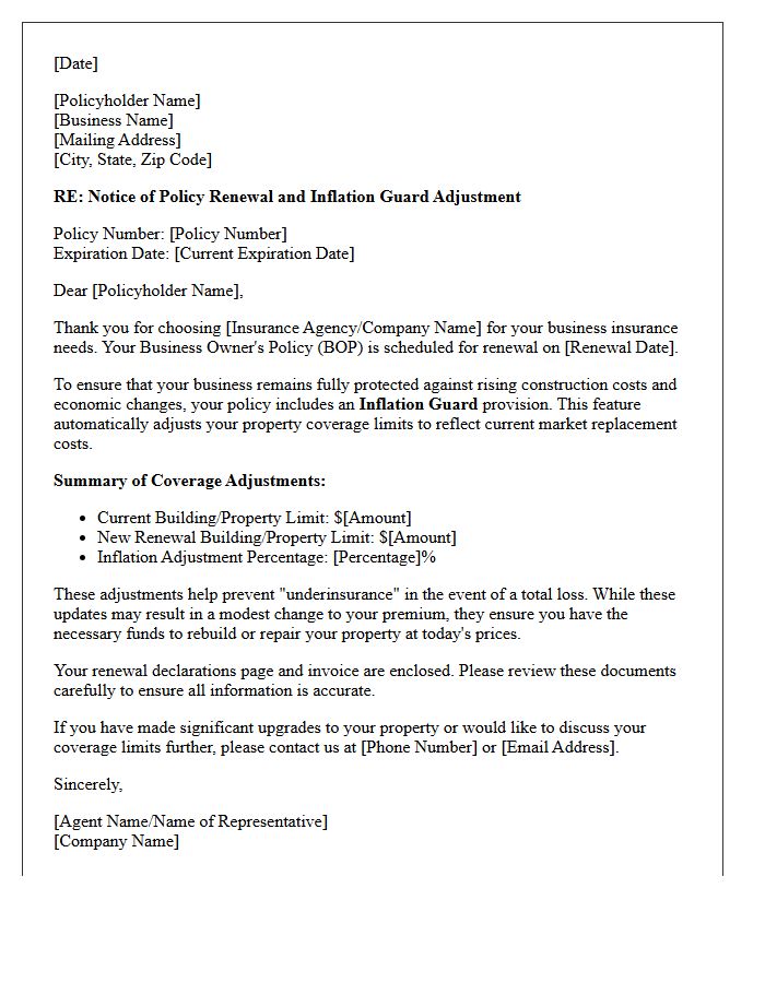 Business Owner Policy Inflation Guard Renewal Letter