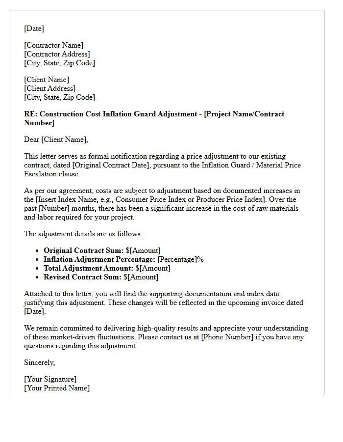 Construction Cost Inflation Guard Adjustment Letter