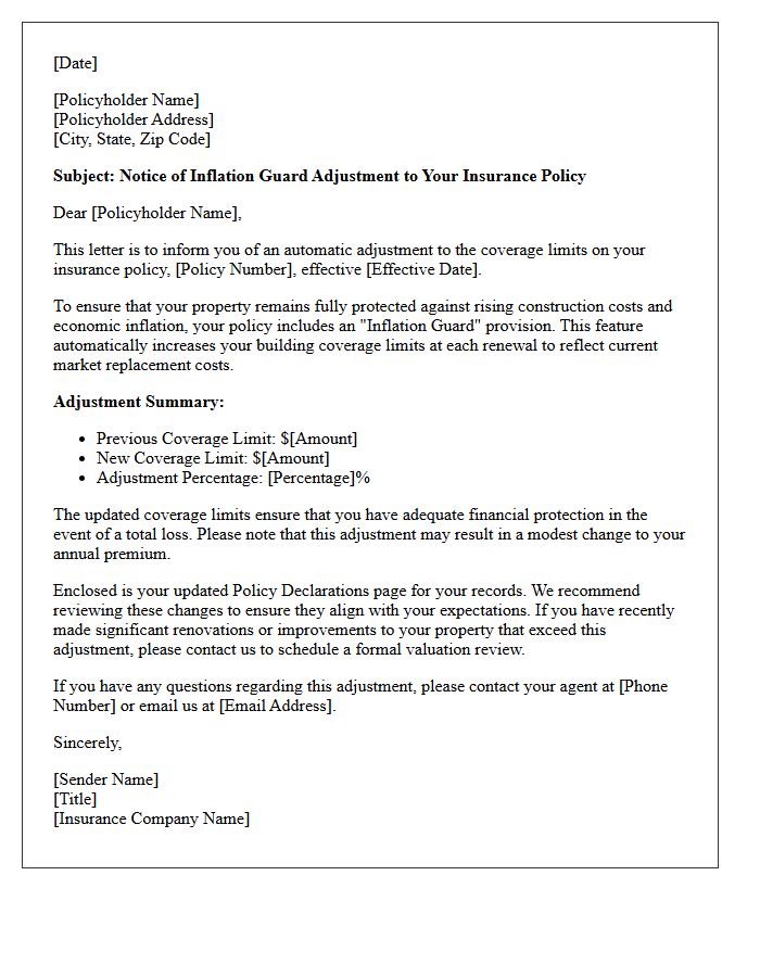 Insurance Valuation Inflation Guard Adjustment Letter