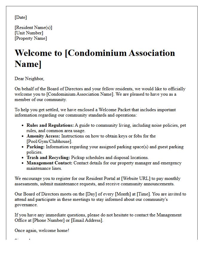 Condominium Association Resident Welcome Letter