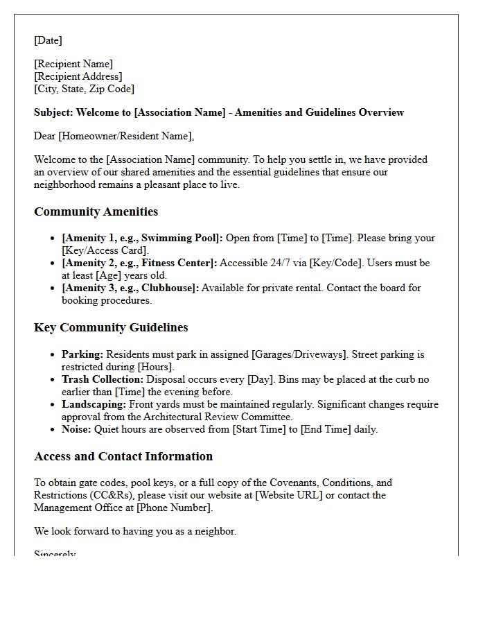 HOA Amenities and Guidelines Information Letter