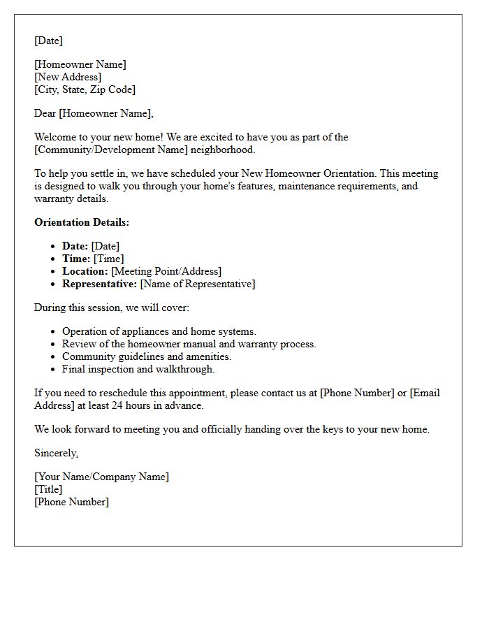 New Homeowner Orientation Welcome Letter