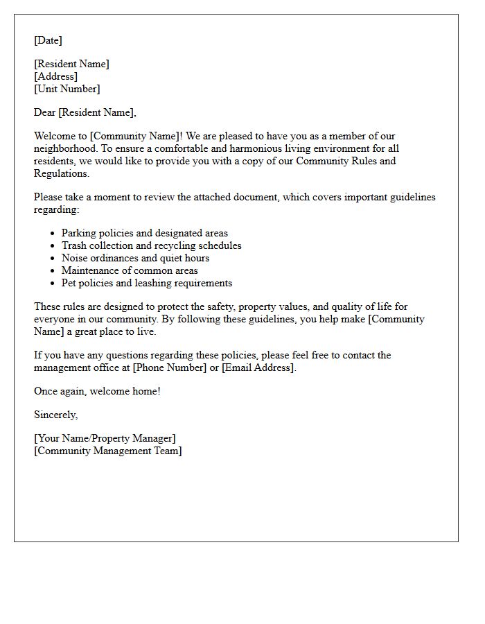 Community Rules and Regulations Welcome Letter