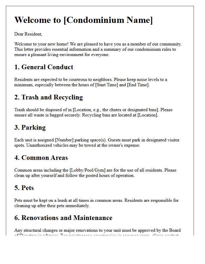 Condominium Rules and Welcome Letter