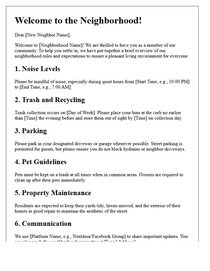 Neighborhood Rules and Expectations Welcome Letter