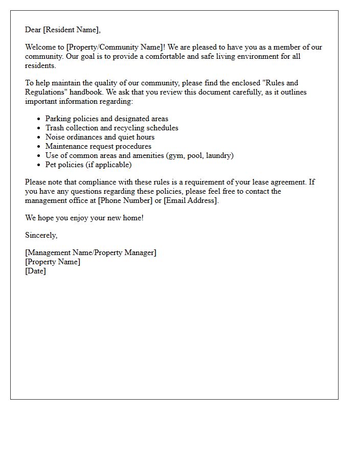 New Resident Rules and Regulations Welcome Letter
