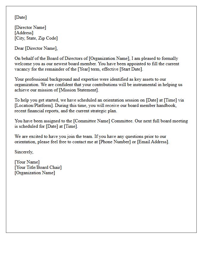 Appointed Vacancy Board of Directors Welcome Letter