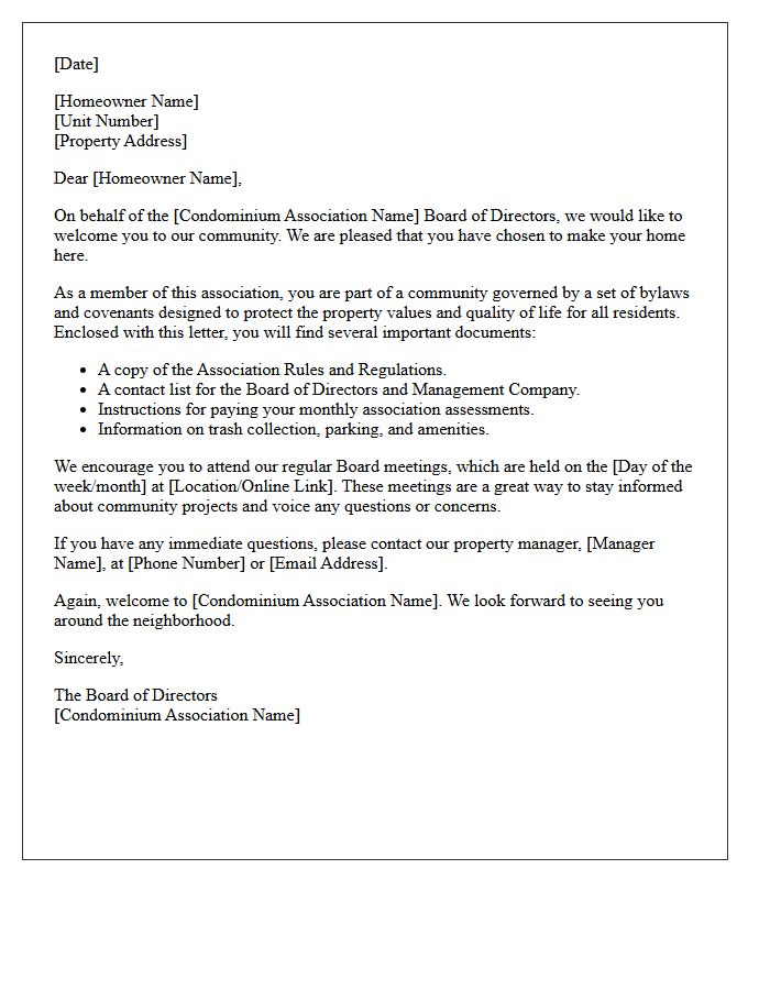 Condominium Association Board of Directors Welcome Letter