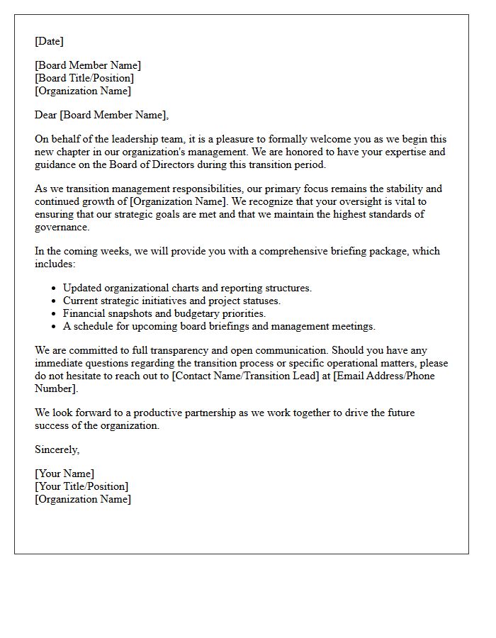 Management Transition Board of Directors Welcome Letter