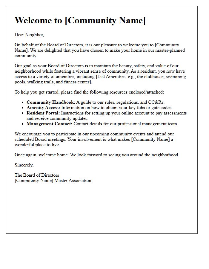 Master Planned Community Board of Directors Welcome Letter