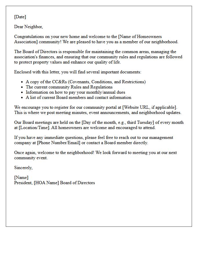 New Homeowners Association Board of Directors Welcome Letter