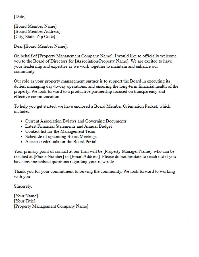 Property Management Partnership Board of Directors Welcome Letter