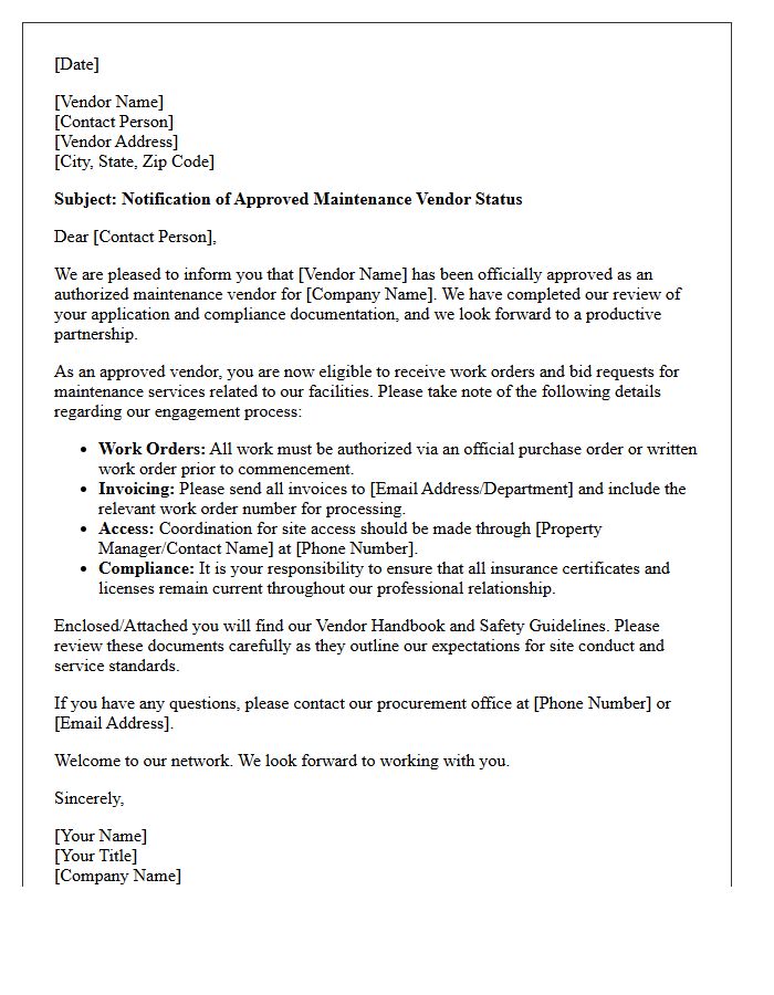Approved Maintenance Vendor Welcome Letter