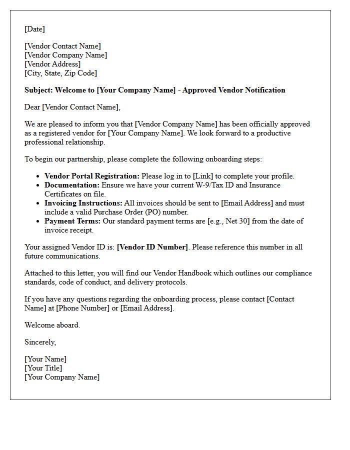 Approved Vendor Welcome And Onboarding Letter