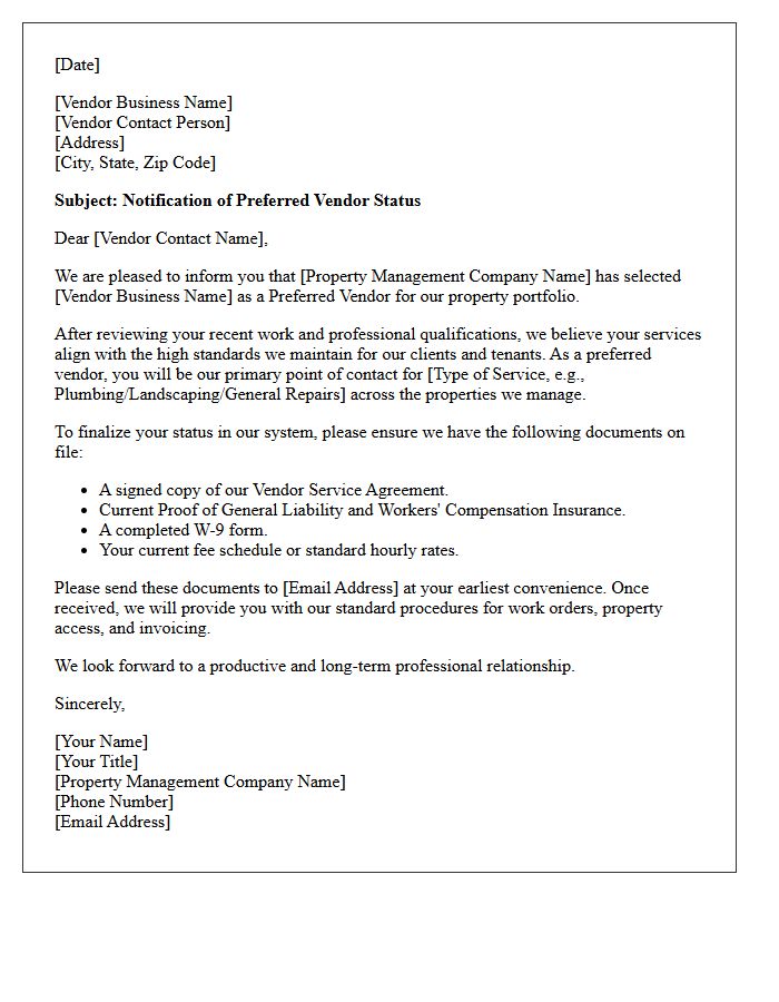 Property Management Preferred Vendor Letter