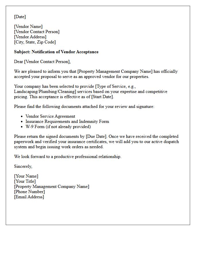 Property Management Vendor Acceptance Letter