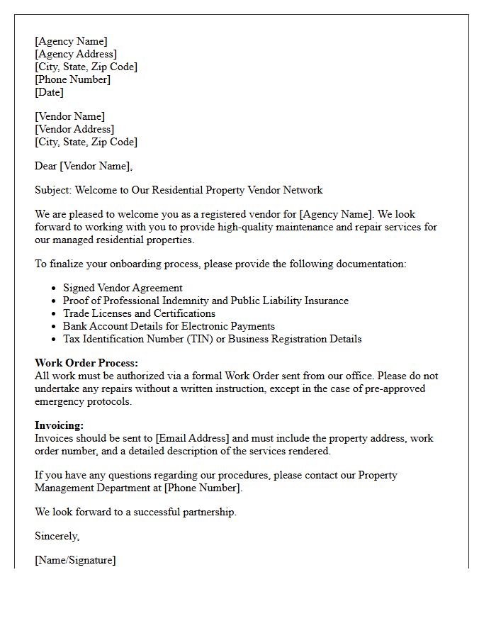 Residential Property Vendor Onboarding Letter